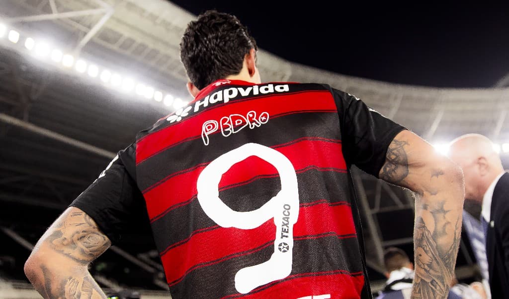 Pedro, camisa 9 do Flamengo, durante a comemoração do gol sobre o Botafogo no Engenhão.