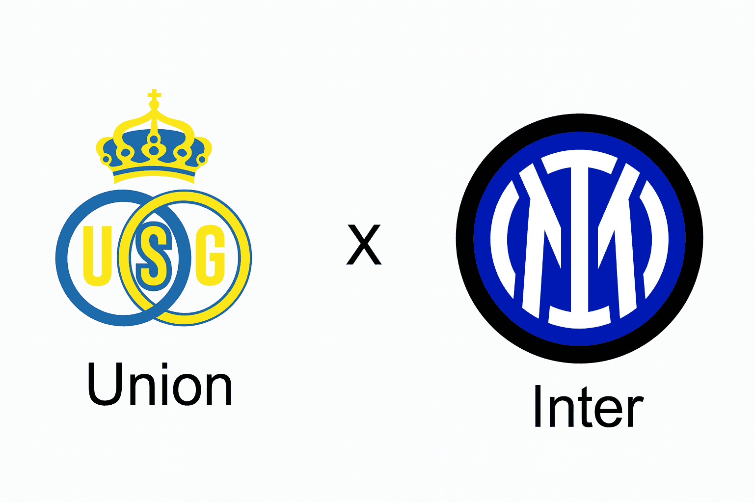 Logos de Union Saint-Gilloise e Inter de Milão com um “x” entre eles, representando o duelo pela Liga dos Campeões 2025.