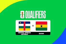 Arte do jogo República Centro-Africana x Gana pelas Eliminatórias da Copa do Mundo 2026, mostrando as bandeiras das seleções.