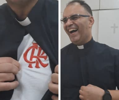 Padre Abimar, do Santuário São Judas Tadeu, mostra camisa do Flamengo por baixo da camisa de padre