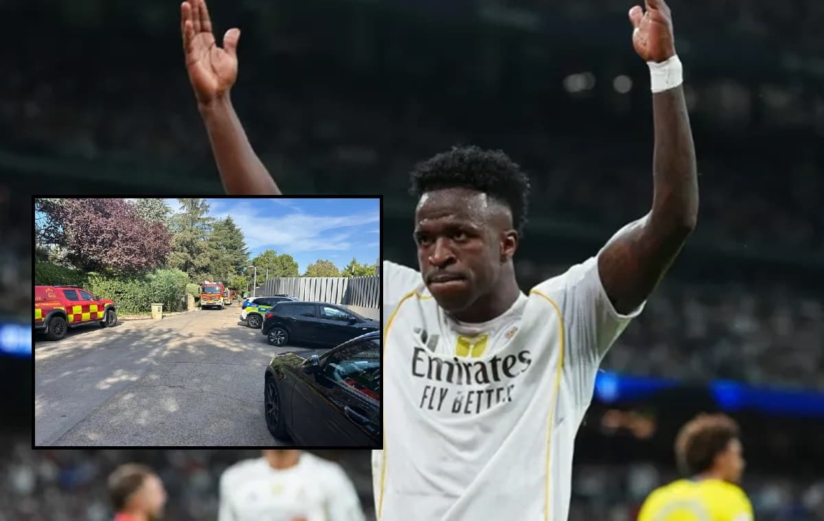 Montagem com Vini Jr de braços erguidos comemorando com torcida do Real Madrid e foto da frente da casa dele com carros de bombeiro após incêndio