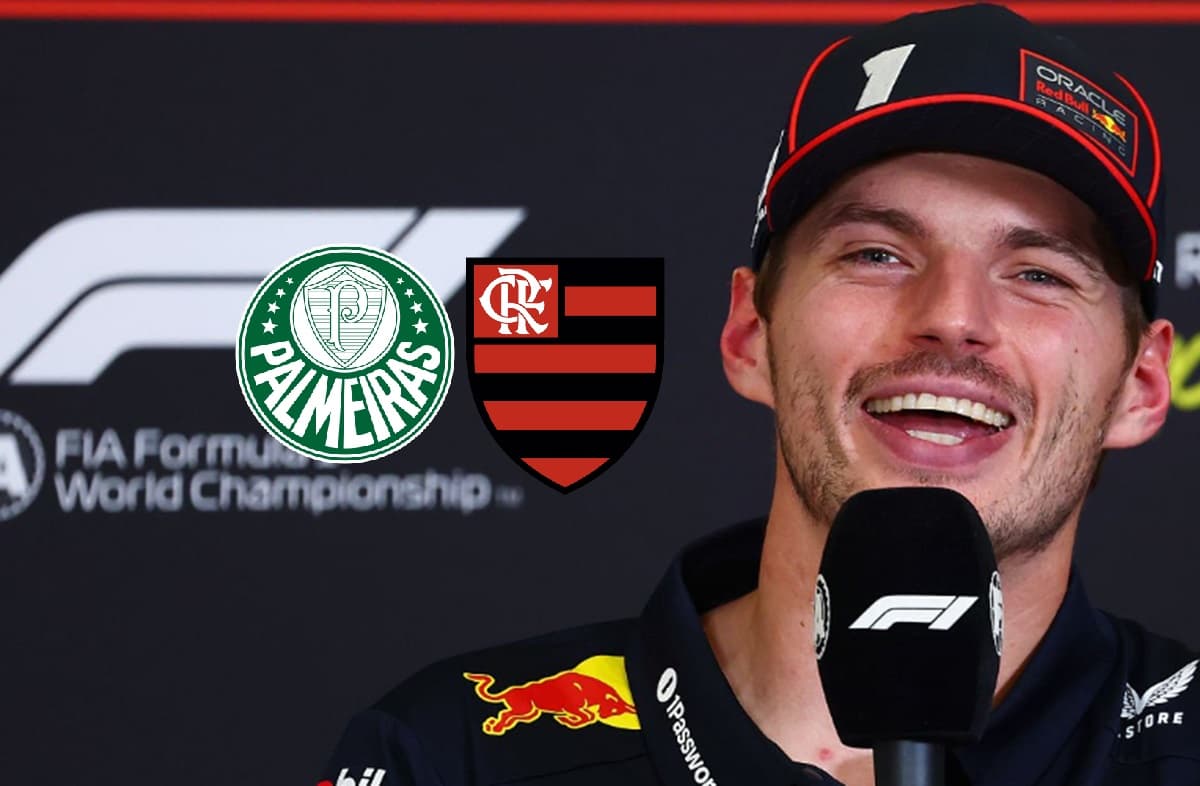 Max Verstappen em entrevista; Escudos de Palmeiras e Flamengo