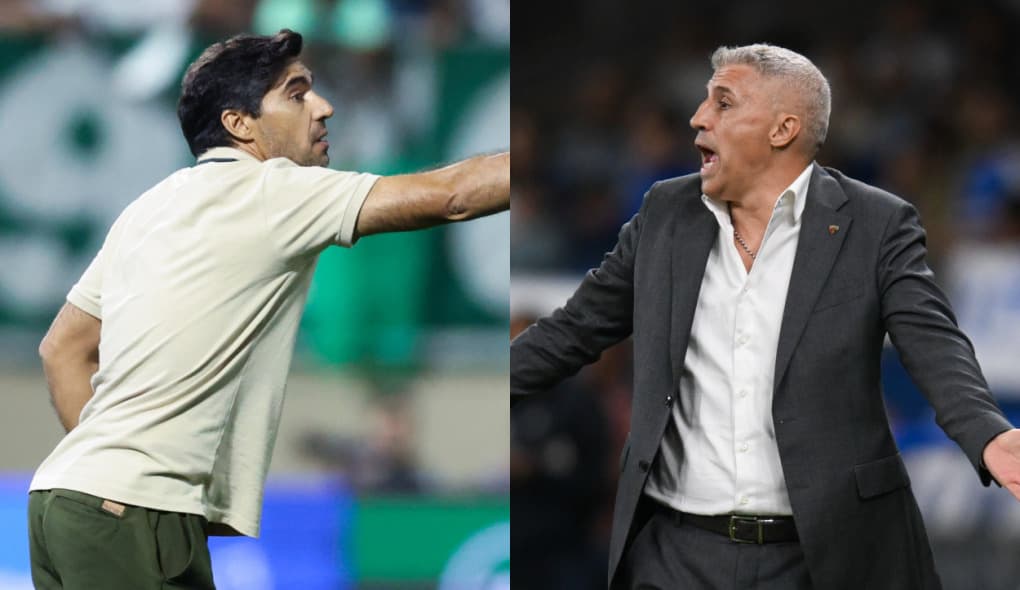 Abel Ferreira, técnico do Palmeiras, apontando durante partida; Hernan Crespo, técnico do São Paulo, gesticula em campo