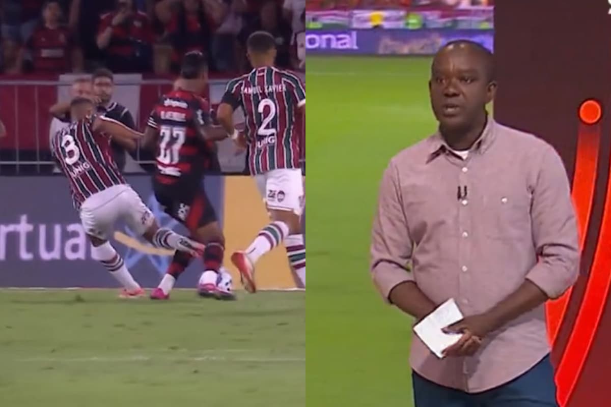 Montagem da esquerda pra direita: lance entre Bruno e Henrique e Thiago Silva durante Flamengo x Fluminense, no qual o zagueiro chuta o atacante. Ao lado, trecho da participação de PC de Olveira durante o Troca de Passes, do SporTV
