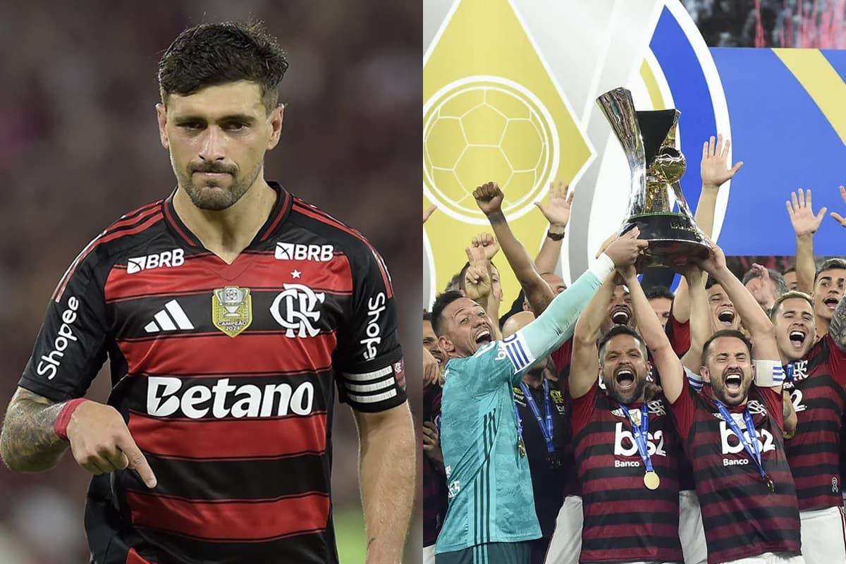 Montagem da esquerda pra direita: Arrascaeta comemorando gol contra o Bragantino e time de 2019 do Flamengo levantando a taça do Brasileirão