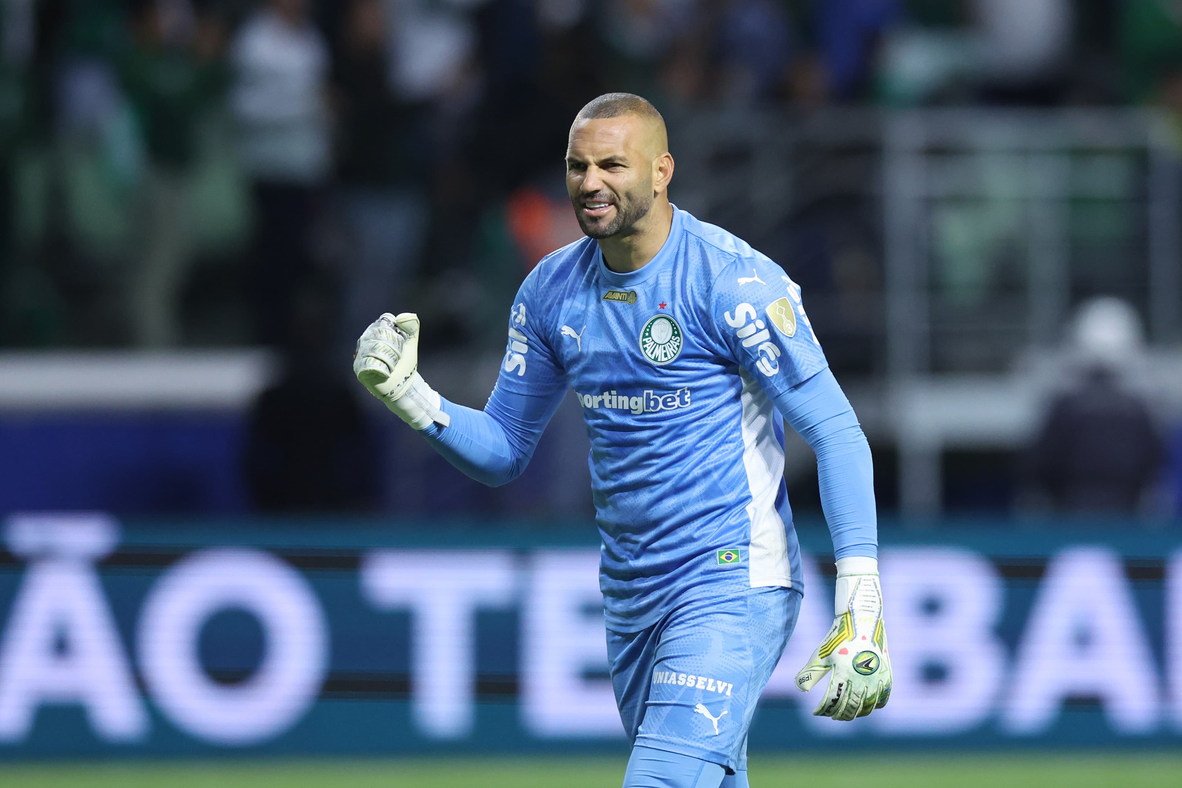 Weverton, goleiro do Palmeiras, comemorando gol do Palmeiras diante o River Plate, na Libertadores