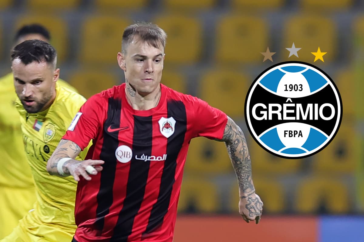 Roger Guedes, do Al-Rayyan, corre com a bola sob pressão de Haris Seferovic, do Al Wasl, durante a partida da Liga dos Campeões da AFC Elite entre Al Wasl e Al-Rayyan no Estádio Zabeel em 02 de dezembro de 2024, em Dubai, Emirados Árabes Unidos.