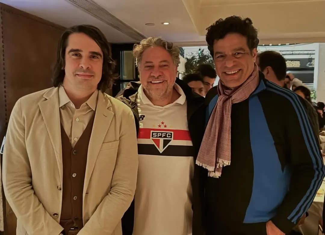 Diego Fernandes, possivel investidor do Sâo Paulo, ao lado do presidente Julio Casares e o ídolo Raí