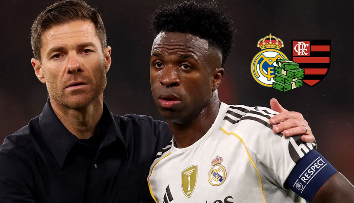 Vini Jr ao lado de Xabi Alonso; escudos do Real Madrid, Flamengo e logo de dinheiro
