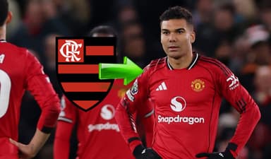 Casemiro, do Manchester United; escudo do Flamengo