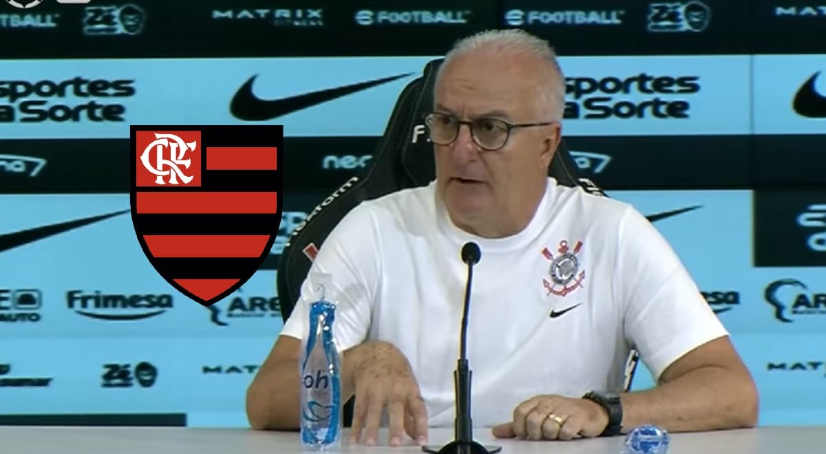 Dorival Júnior, em entrevista no Corinthians; escudo do Flamengo