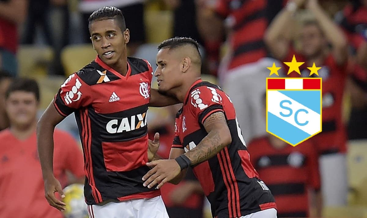 Gabriel e Everton em jogo do Flamengo; escudo do Sporting Cristal