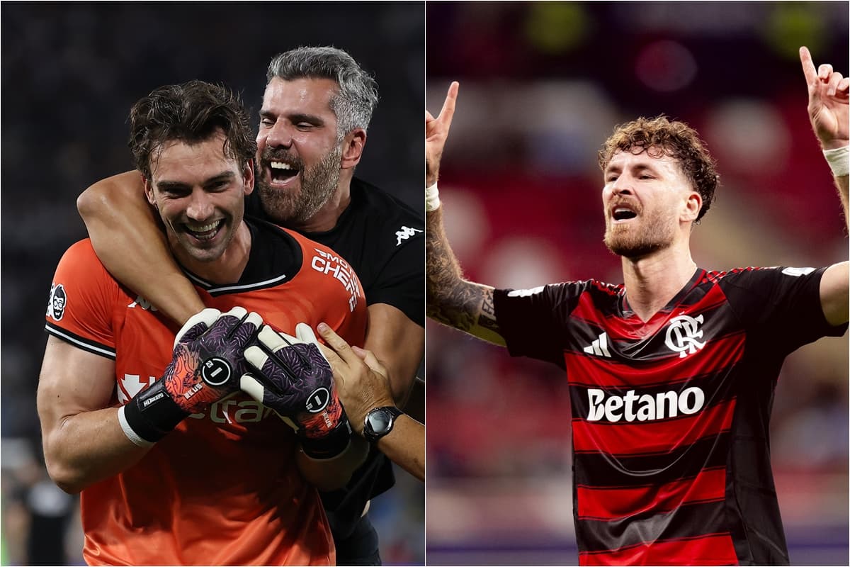 Montagem com Léo Jardim e Léo Pereira comemorando; o goleiro foi herói do Vasco na Copa do Brasil, enquanto o zagueiro marcou na semi da Copa Intercontinental pelo Flamengo