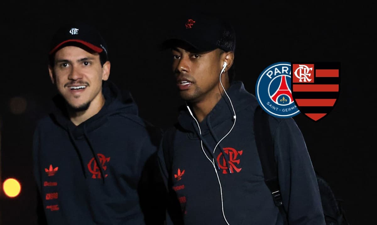 Pedro e Bruno Henrique desembarque do Flamengo; escudo do PSG