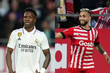 Montagem com Vini Jr e Taty Castellanos durante Girona x Real Madrid