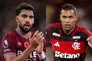 Lucas Paquetá com a camisa do West Ham e Alex Sandro com a camisa do Flamengo