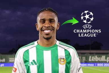 André Luiz sorrindo apó partida do Rio Ave ao lado da logo da Champions League e uma seta verde