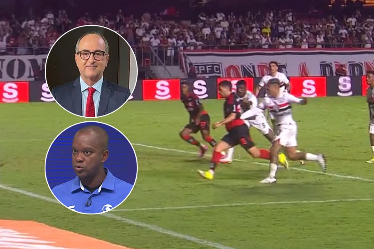 Montagem de lance de possível penalti em Arrascaeta em São Paulo x Flamengo. Ao lado, os comentaristas de arbitragem Simon e PC Oliveira