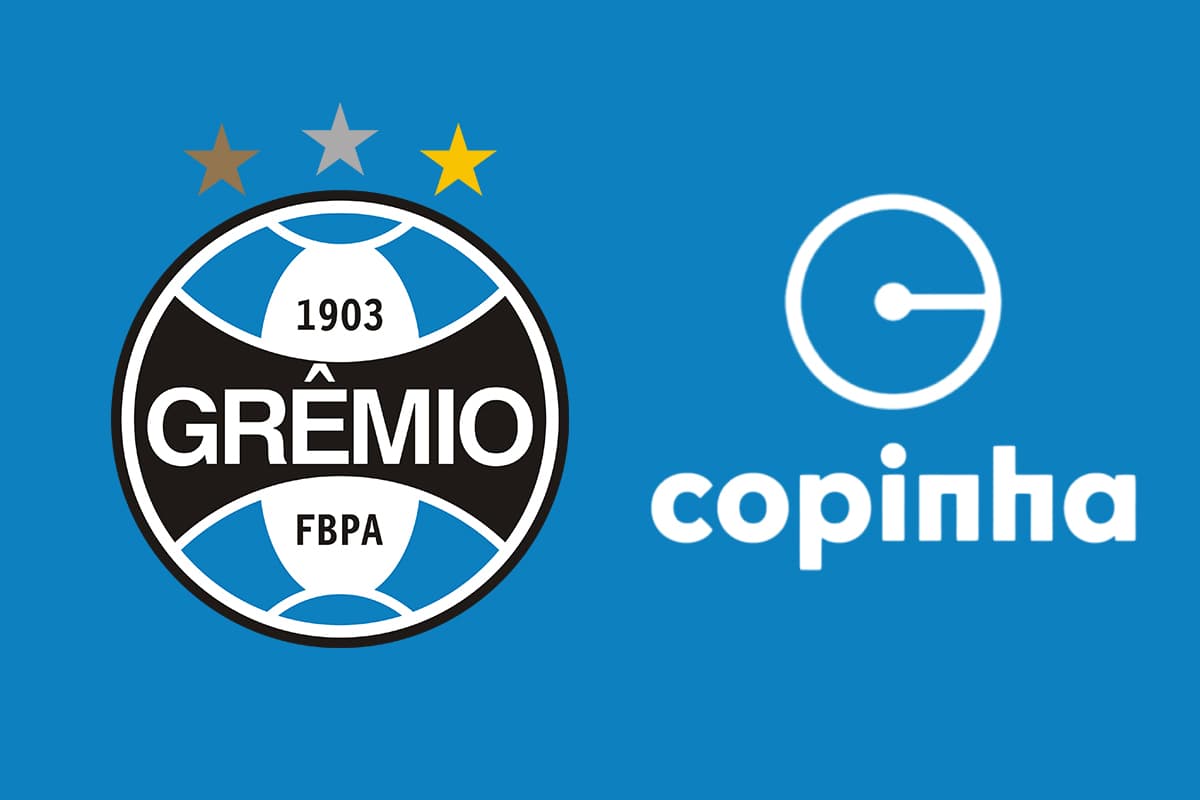 Escudo do Grêmio ao lado da logo da Copinha com fundo azul.