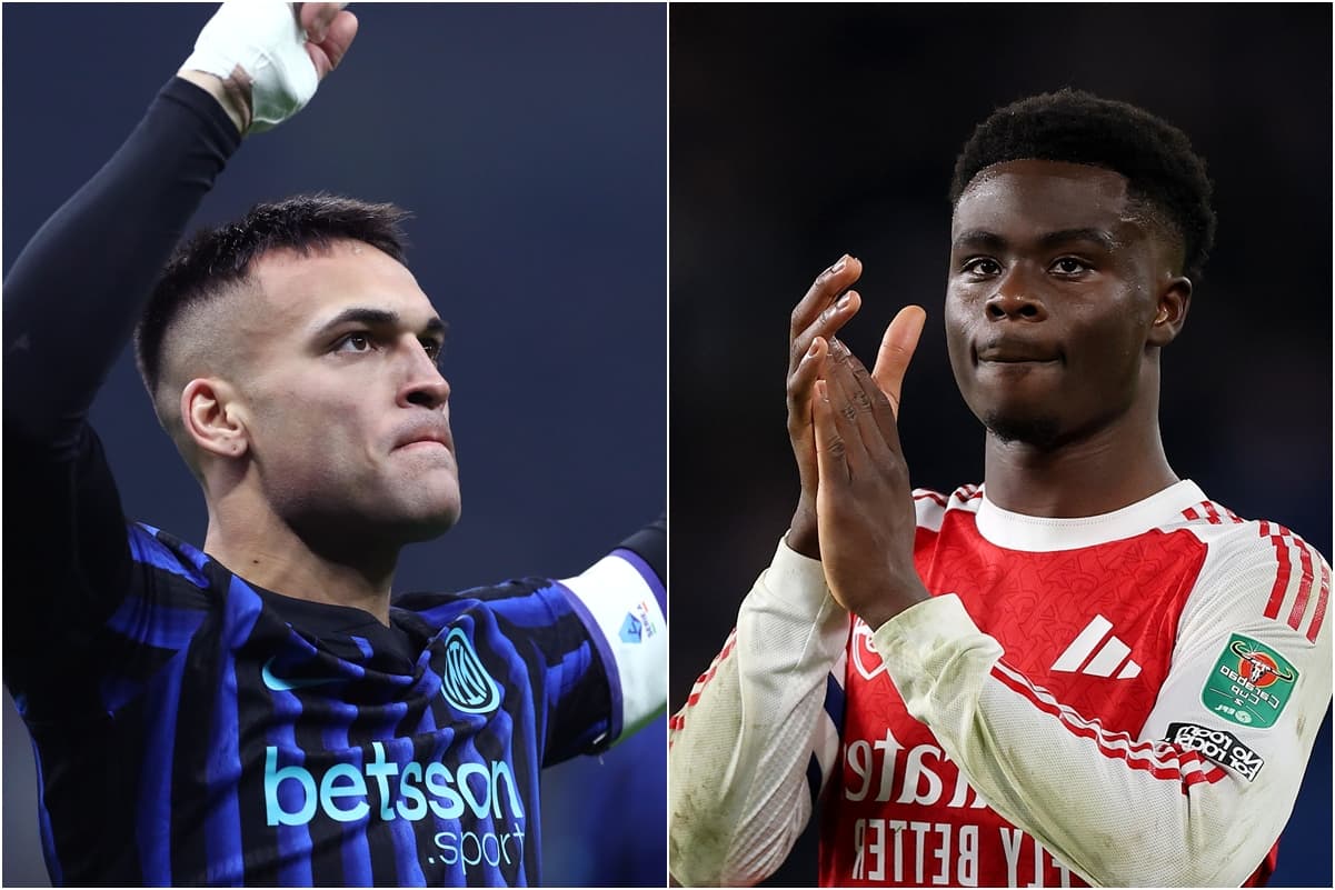 Montagem com Lautaro Martinez celebrando de punhos cerrados em jogo da Inter de Milão (à esquerda) e Saka (à direita) aplaudinho em jogo do Arsenal