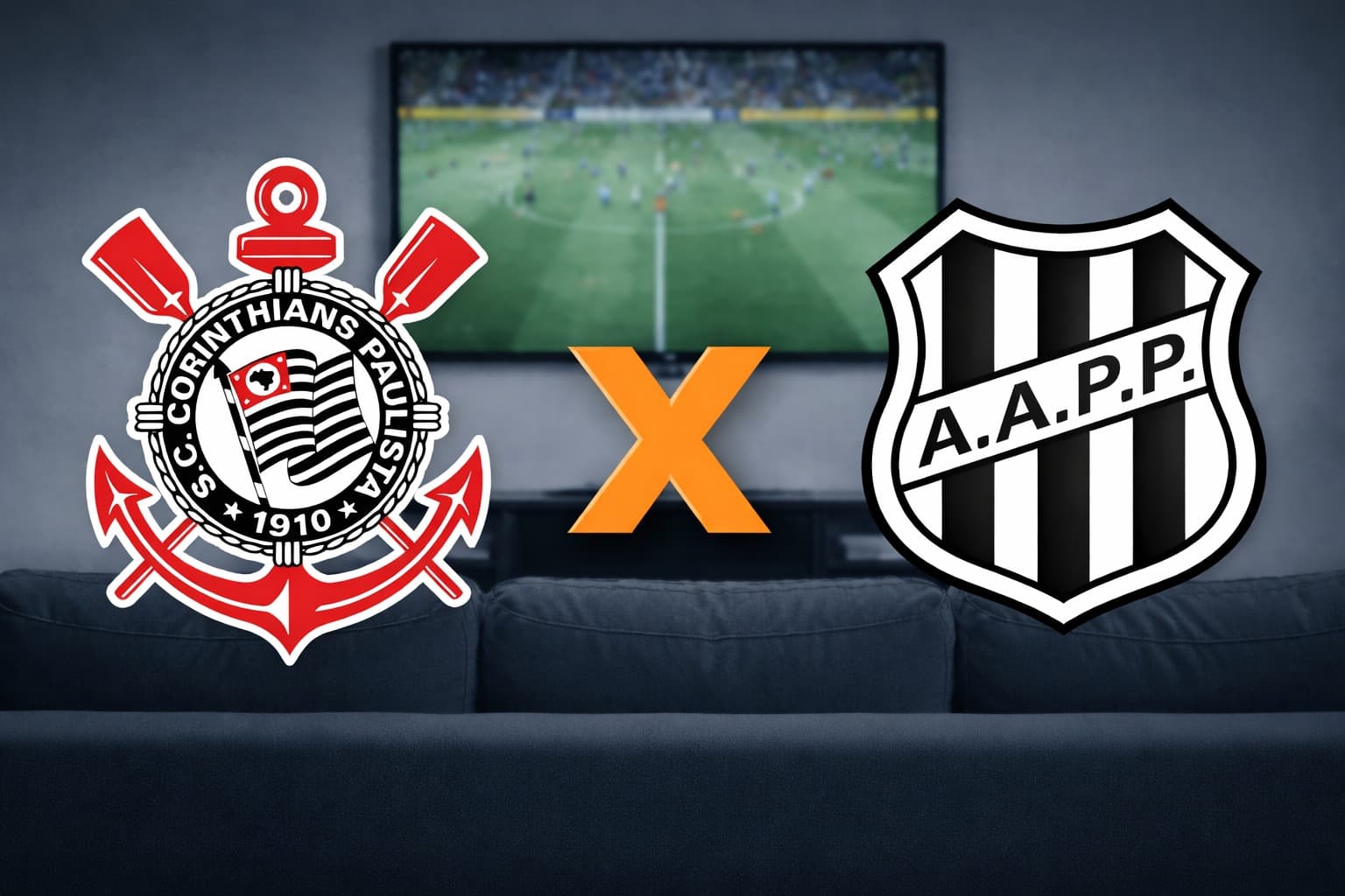 Escudos de Corinthians e Ponte Preta com TV ao fundo representando a transmissão ao vivo do jogo pelo Campeonato Paulista 2026