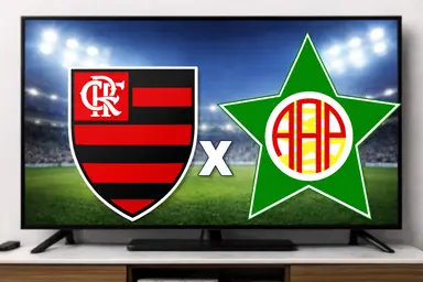 Escudos de Flamengo e Portuguesa-RJ com televisão ao fundo representando a transmissão ao vivo do jogo pelo Campeonato Carioca 2026