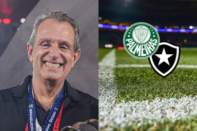 Bap, presidente do Flamengo, ao lado dos escudos de Palmeiras e Botafogo e o gramado sintético do Allianz Parque