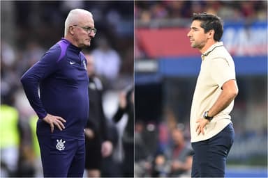 Montagem de Dorival Jr e Abel Ferreira, treinadores de Corinthians e Palmeiras, com mãos na cintura e como se um estivesse encarando o outro