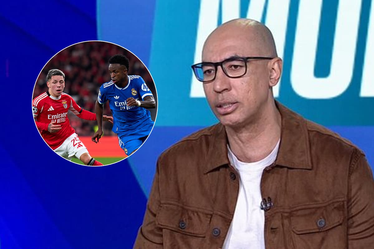 Luisão durante o programa Mundo F, da ESPN, e Vini Jr e Prestianni durante Real Madrid x Benfica