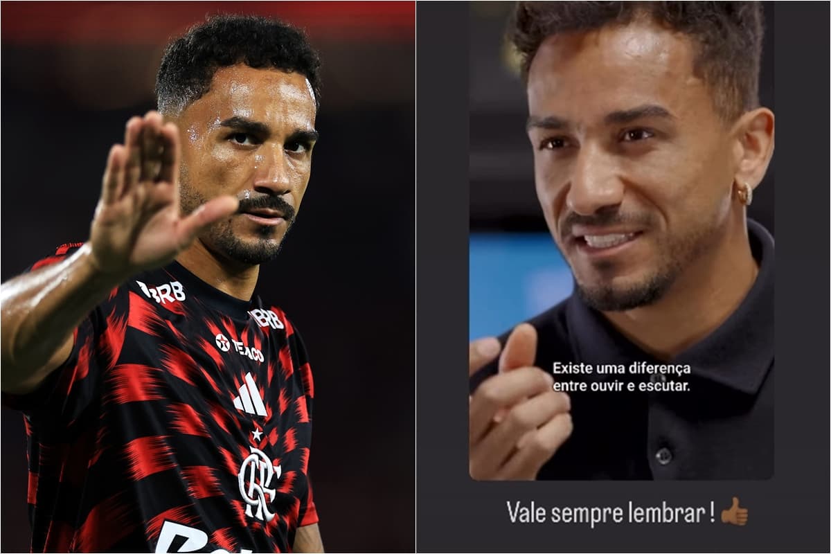 Montagem com Danilo com semblante sério em aquecimento pelo Flamengo e print dos stories do jogador com mensagem sobre racismo vista como indireta para Filipe Luís