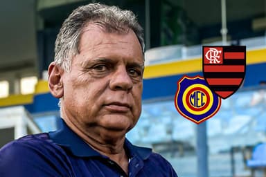Toninho Andrade, técnico do Madureira, ao lado dos escudos do MEC e do Flamengo