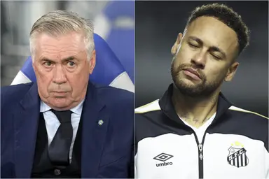Montagem com Ancelotti sério no banco de reservas em jogo da Seleção Brasileira e Neymar de olhos fechados estralando o pescoço e semblante fechado durante aquecimento pelo Santos