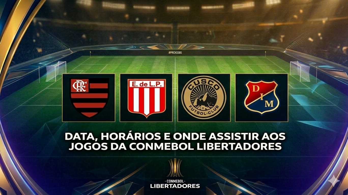 Montagem com campo de futebol ao fundo, escudos de Flamengo, Estudiantes, Cusco e Independiente Medellin e texto "data, horários e onde assistir aos jogos da Conmebol Libertadores"