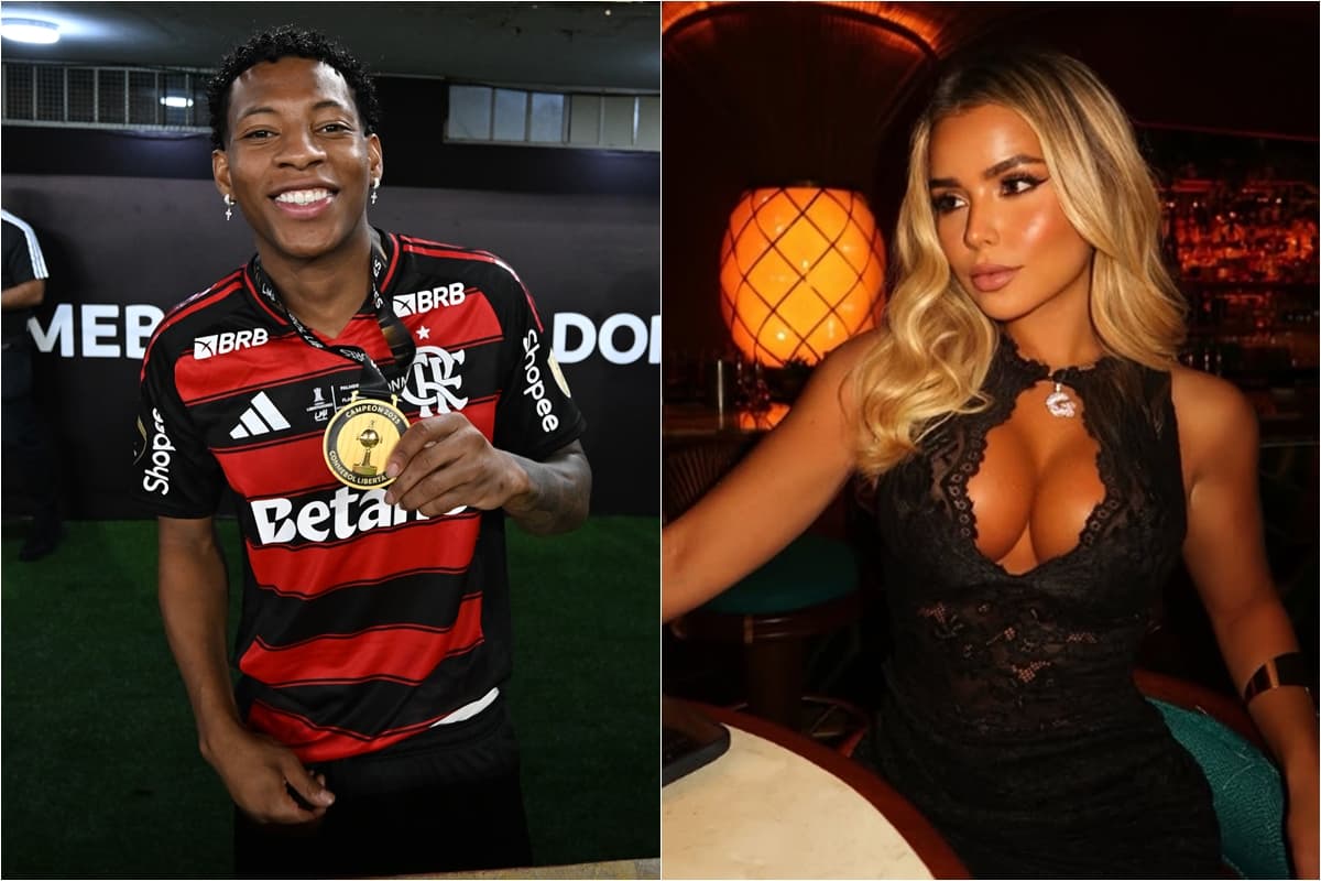 Montagem com Plata (esquerda) sorridente com medalha da Libertadores 2025 e Giulia Arruda posando para foto com carão e em um bar