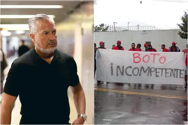 Montagem com José Boto nos corredores do Maracanã e semblante sério ao lado de faixa em protesto contra ele na entrada do Ninho do Urubu com a frase "Boto incompetente"