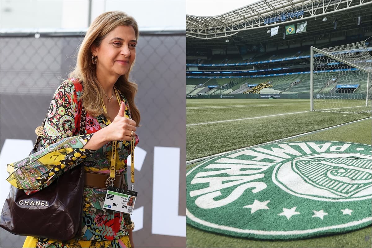Montagem com Leila Pereira sorridente fazendo "joinha" e imagem do Allianz Parque vazio