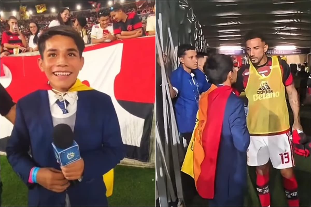 Montagem com imagens de Pol Deportes sorridente e encontrando Danilo em visita ao Maracanã em Flamengo x Remo