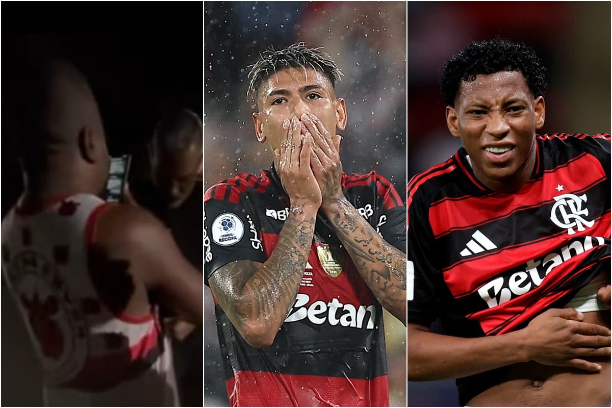Montagem com print do protesto da torcida do Flamengo e fotos de Carrascal com mão na boca se lamentando e Plata com cara feia de dor