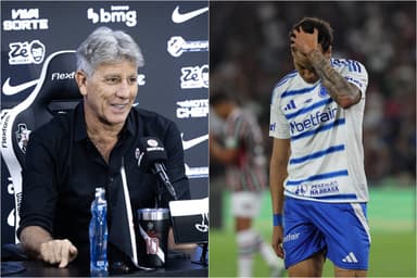 Montagem com Renato Gaúcho sorridente em coletiva do Vasco (esquerda) e Kaio Jorge (direita) se lamentando durante jogo do Cruzeiro