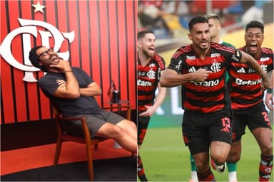 Montagem com Thiago Lacerda gargalhando no MengoCast da Flamengo TV e Danilo comemorando gol contra o Palmeiras na final da Libertadores 2025
