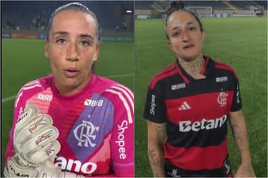 Montagem com Vivi Holzel (esquerda) e Fernanda (direita) dando entrevistas após Palmeiras 1x1 Flamengo no Brasileirão Feminino 2026